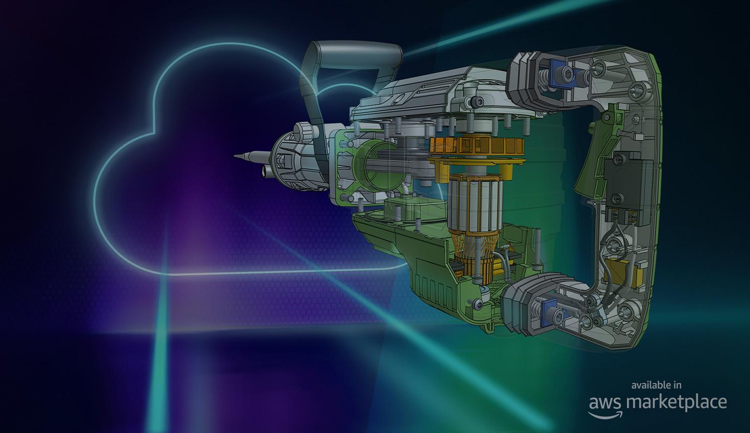 Illustration darkened with an overlay showing a CAD model built in Onshape and the AWS Marketplace logo