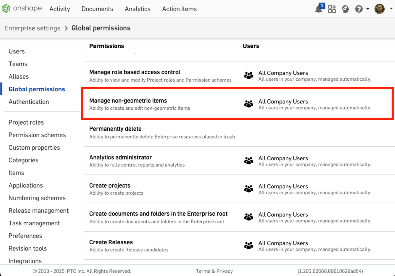 Onshape GUI showing Global permissions in Enterprise settings. Manage non-geometric items is outlined with a red box. 
