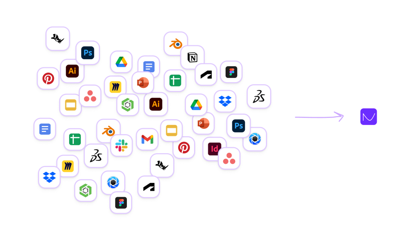 Infographic illustrating a variety of tools, like Adobe products and Onshape, that connect to Naya.