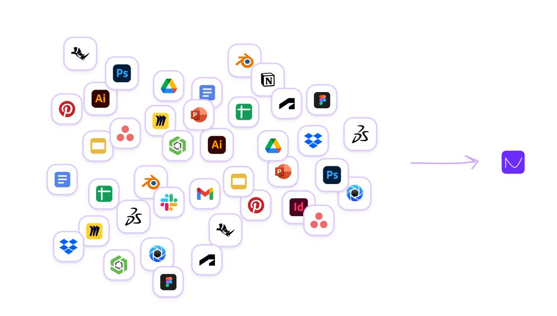 Infographic illustrating a variety of tools, like Adobe products and Onshape, that connect to Naya.