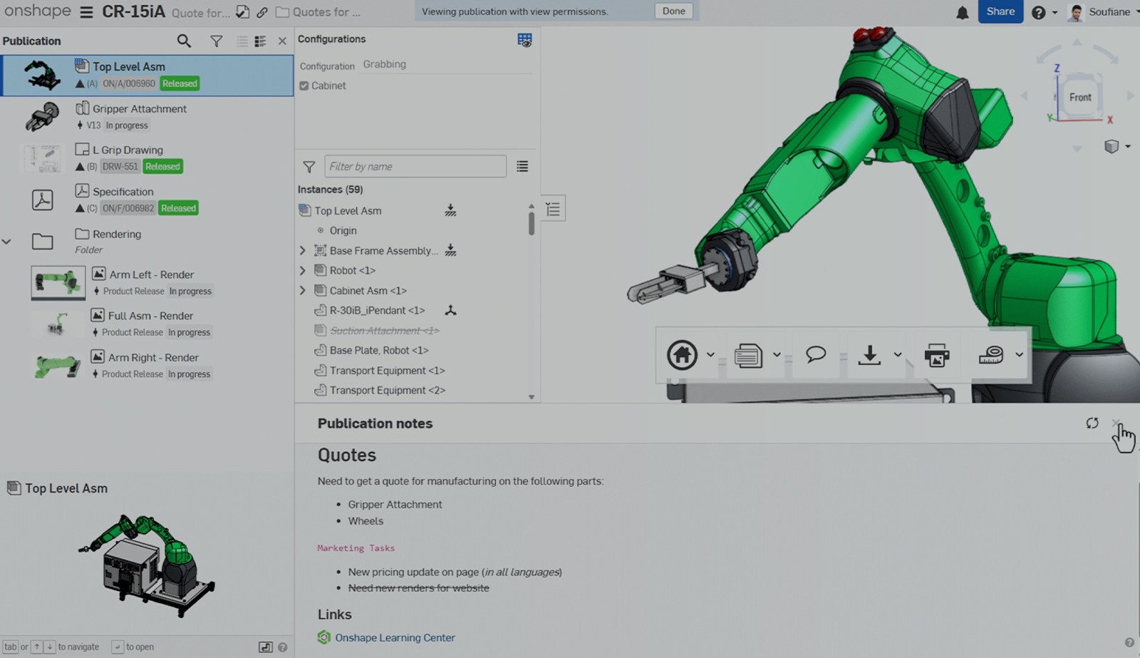 Onshape GUI with an overlay showing a Publication for a robotic design.
