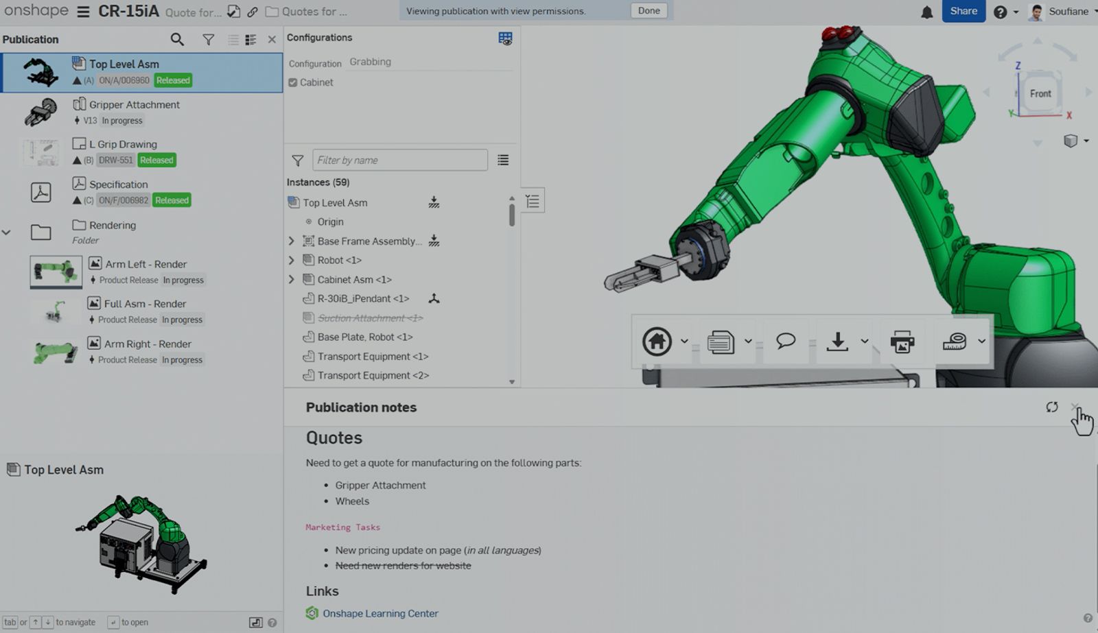 Onshape GUI with an overlay showing a Publication for a robotic design.