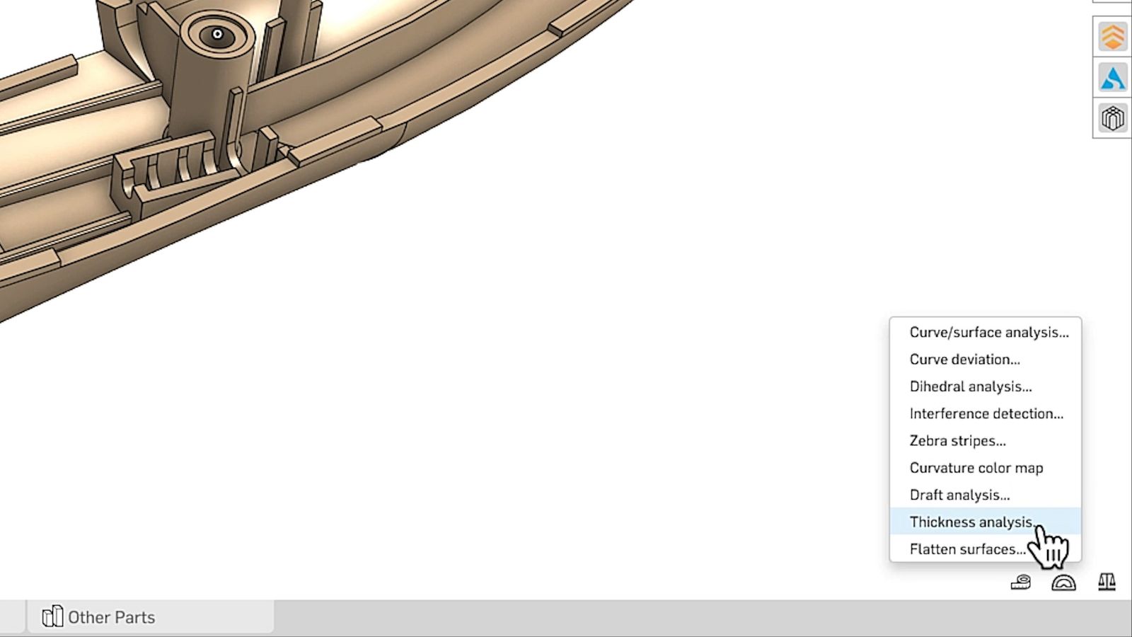 Onshape GUI zoomed into the Thickness Analysis option in the interface. 