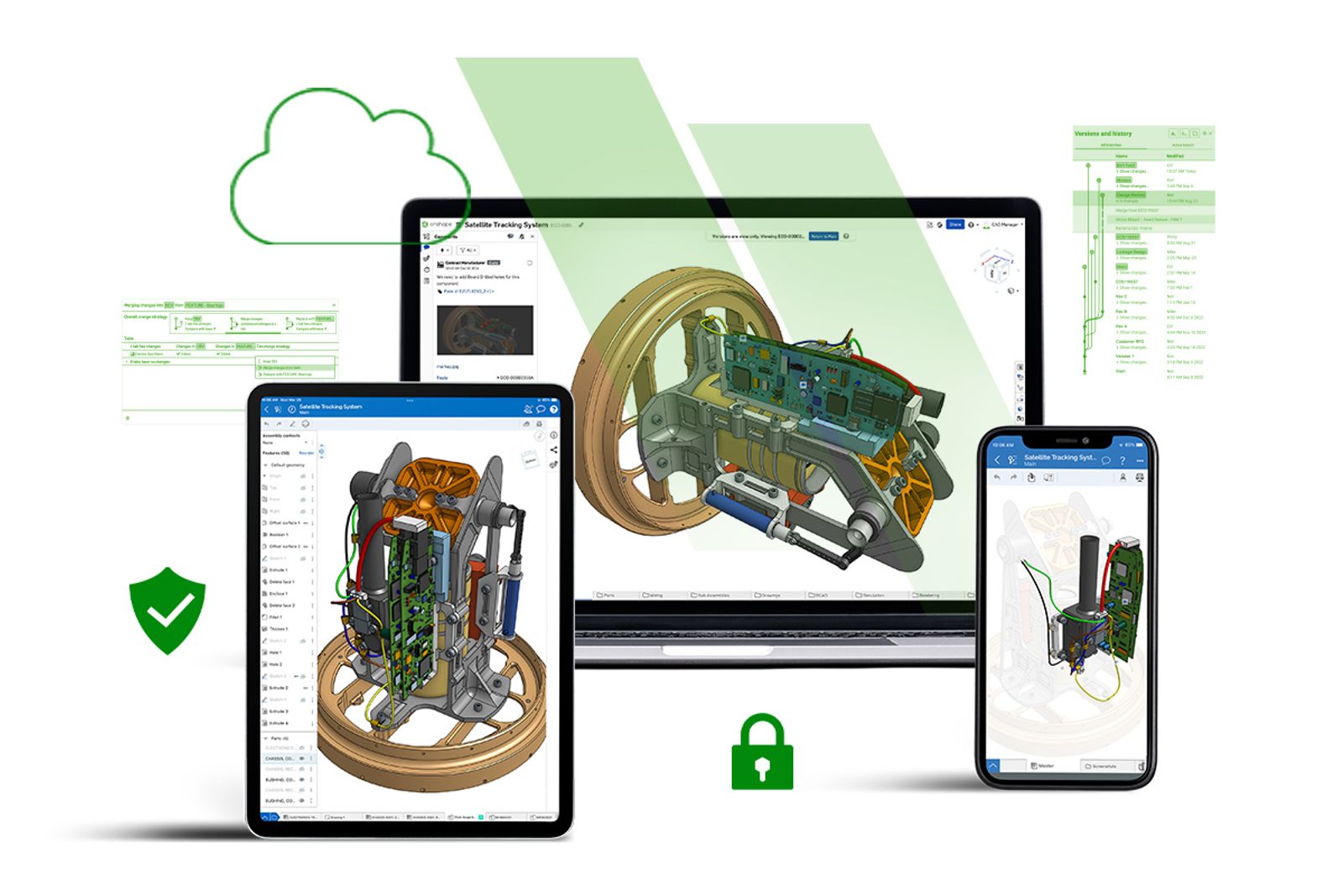 A collage of Onshape illustrating product and design security.