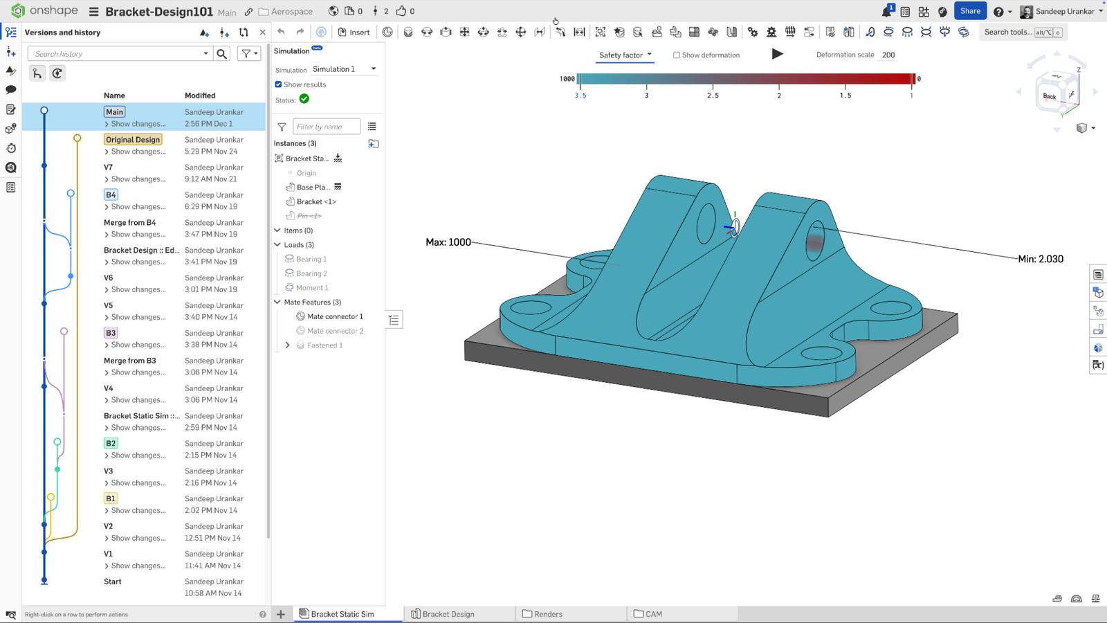 Onshape GUI showing the safety factor and different design branches for a 3D-modeled bracket.