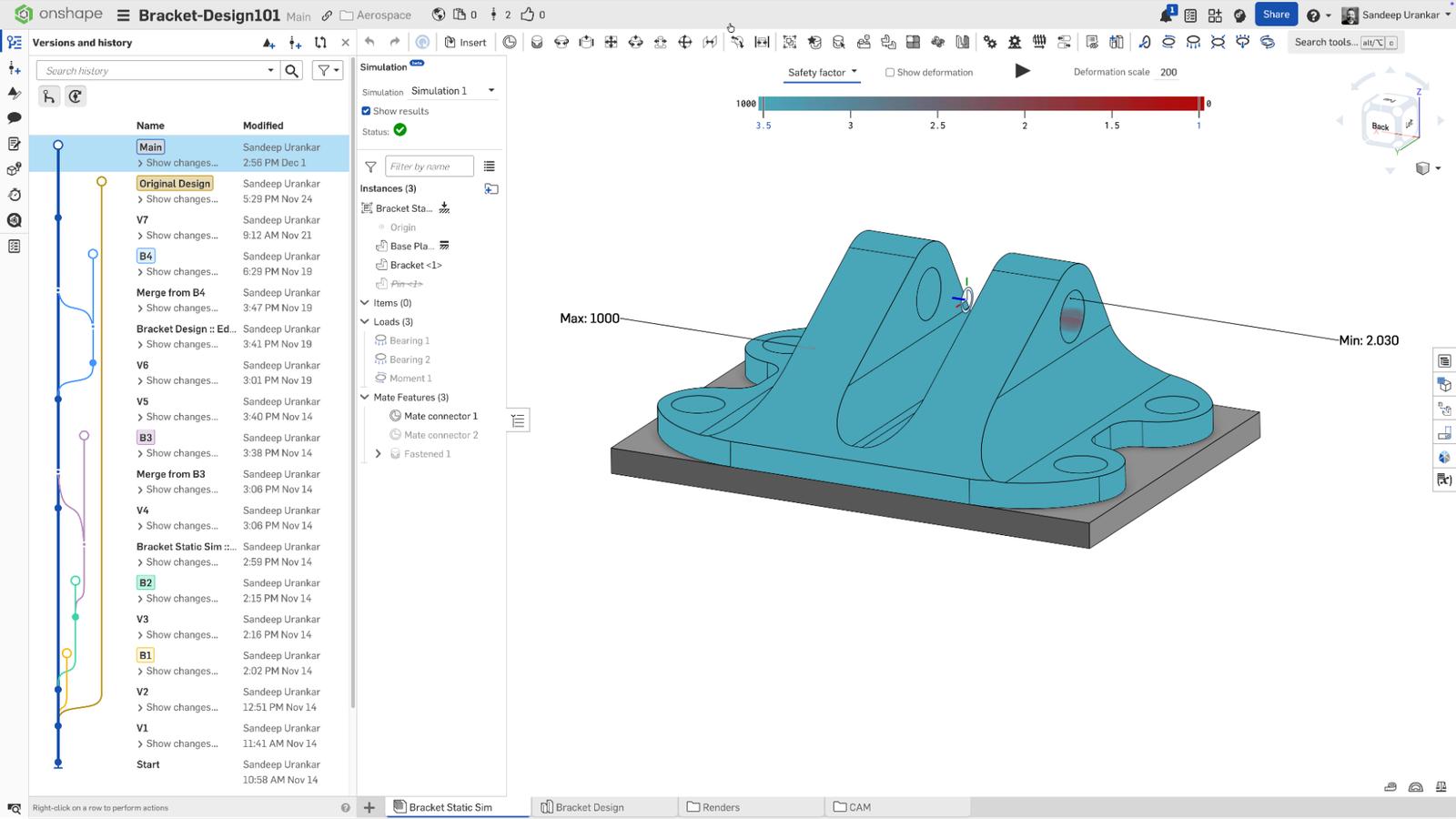 Onshape GUI showing the safety factor and different design branches for a 3D-modeled bracket.