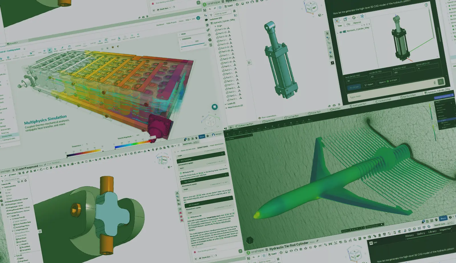 Collage of GUIs with an overlay from SimScale, Luminary Cloud, Leo AI, and Adam AI.