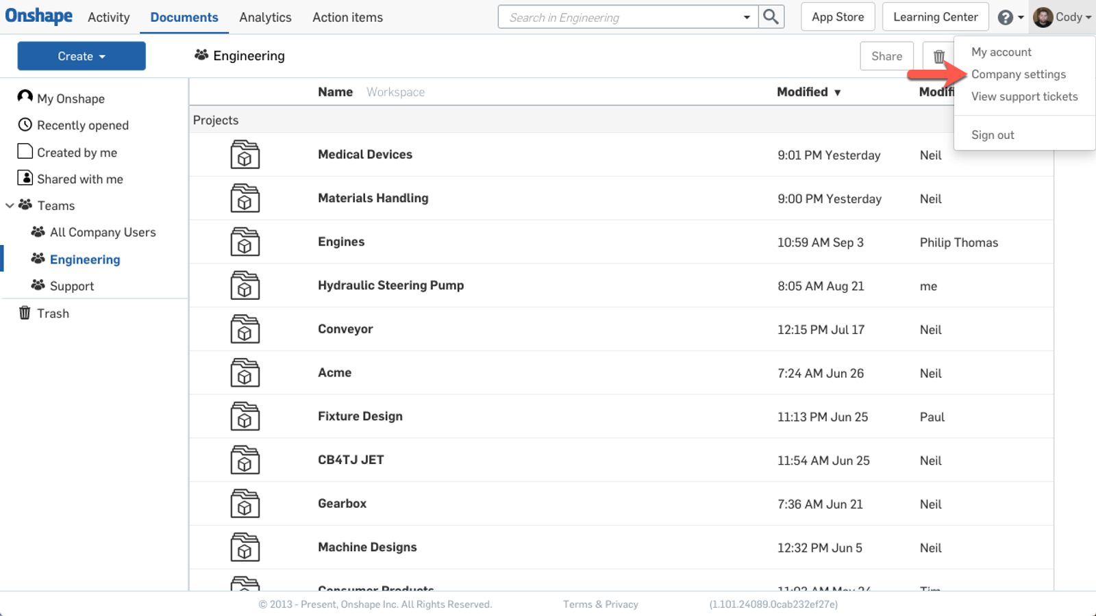 Screenshot of the Onshape Company Settings page.