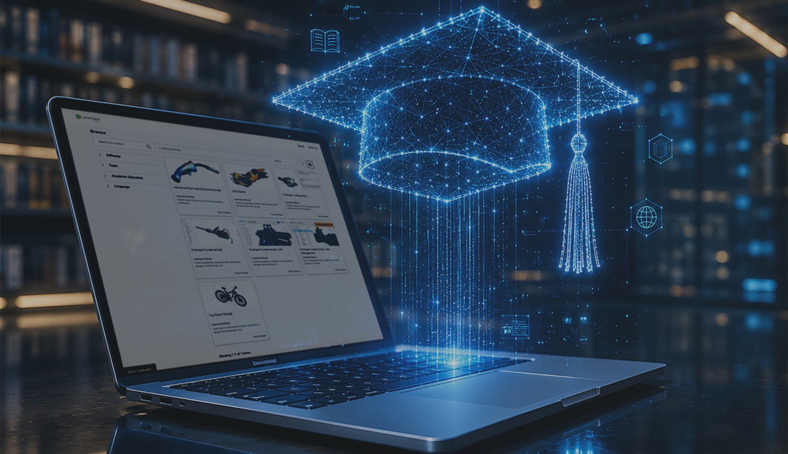 Stock image with an overlay showing a glowing graduation cap over a laptop showing Onshape Learning Center.