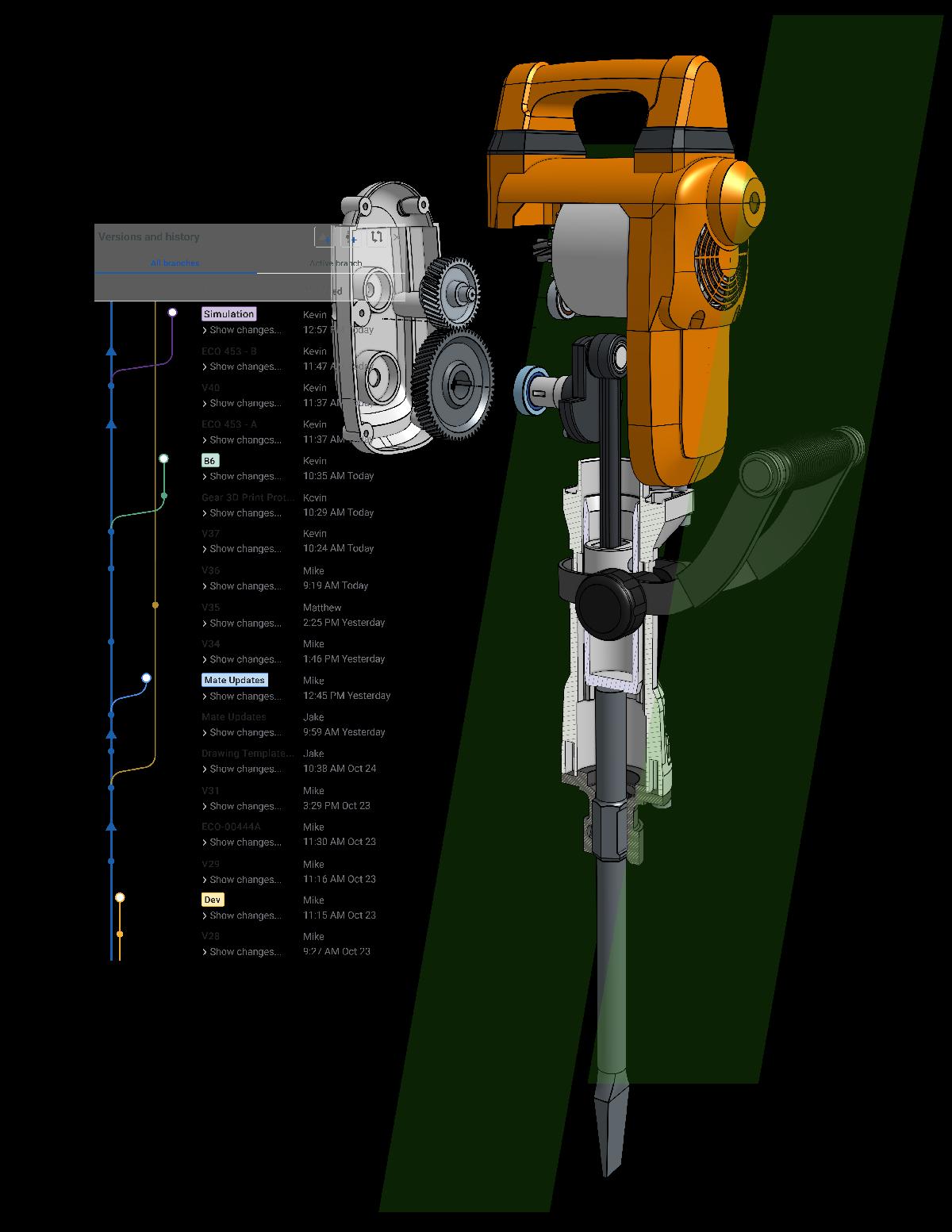 CAD model next to branch and merge Onshape UI