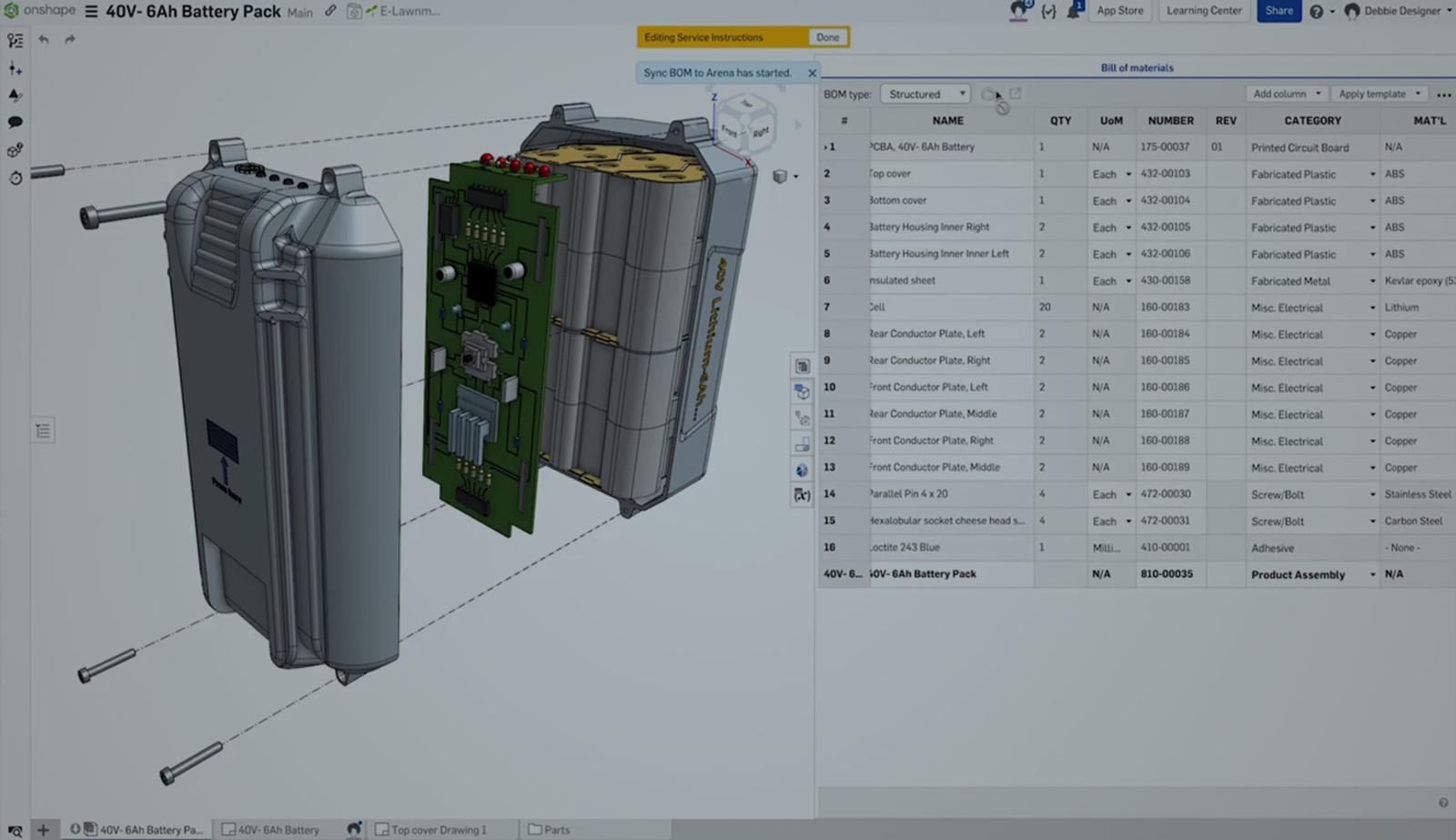 Onshape GUI darkened with a grey overlay showing a battery pack CAD model and its BOM.