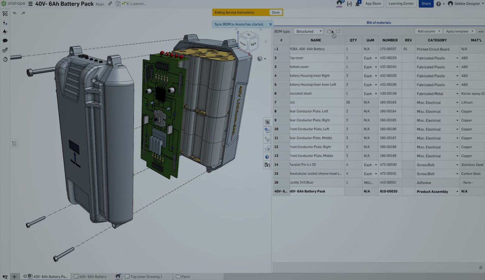 Onshape GUI darkened with a grey overlay showing a battery pack CAD model and its BOM.