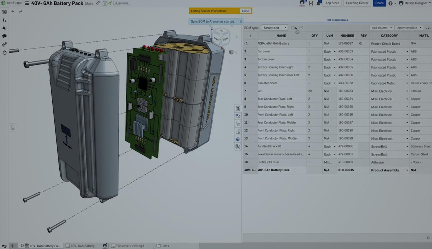 Onshape GUI darkened with a grey overlay showing a battery pack CAD model and its BOM.
