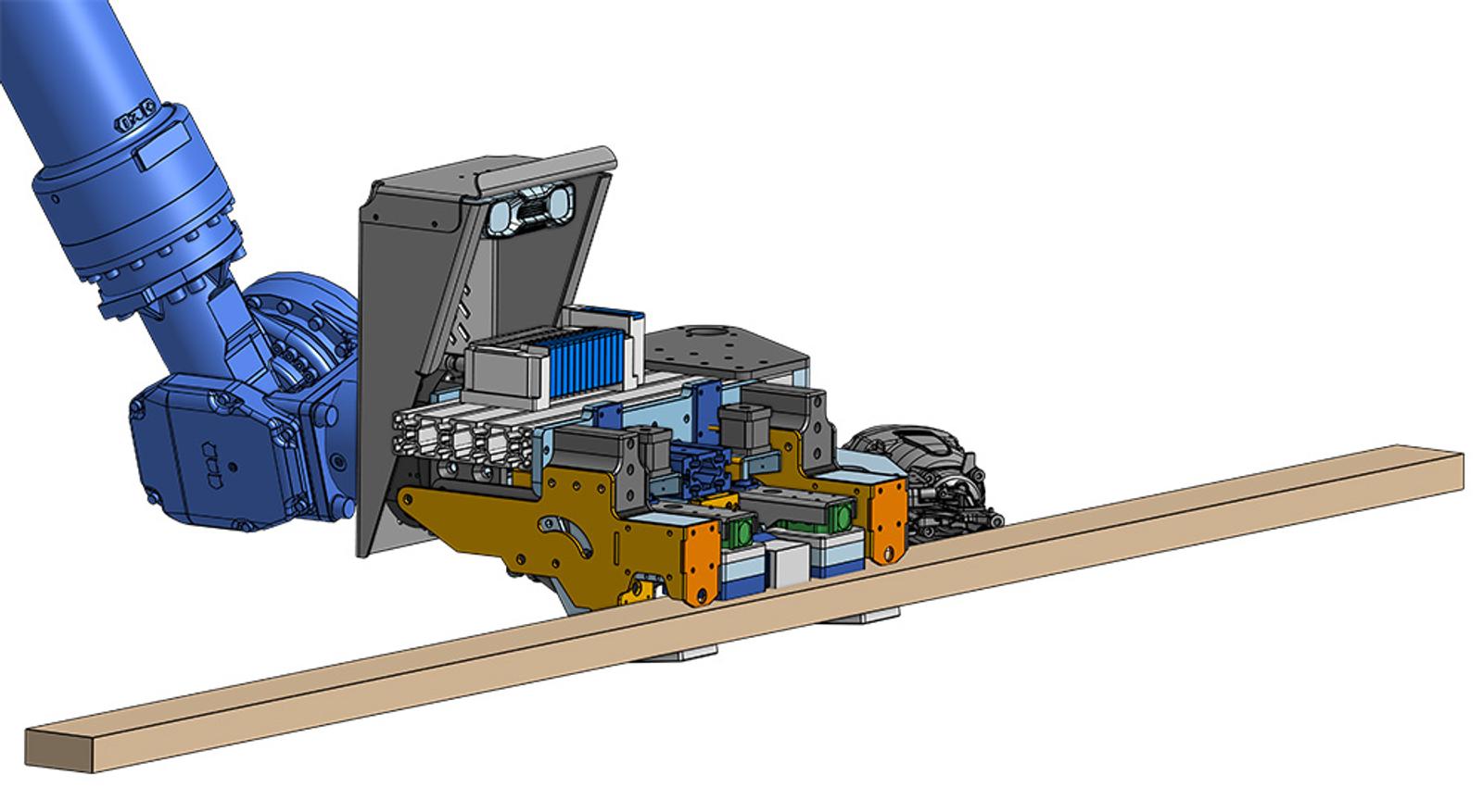 An Onshape CAD model of the robotic framing arm designed by Reframe Systems