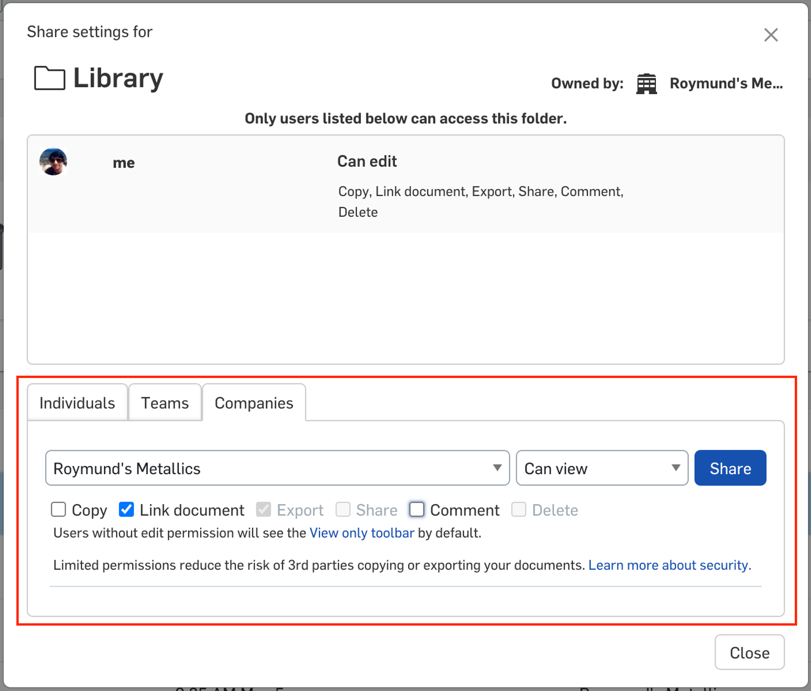 Share settings for a library