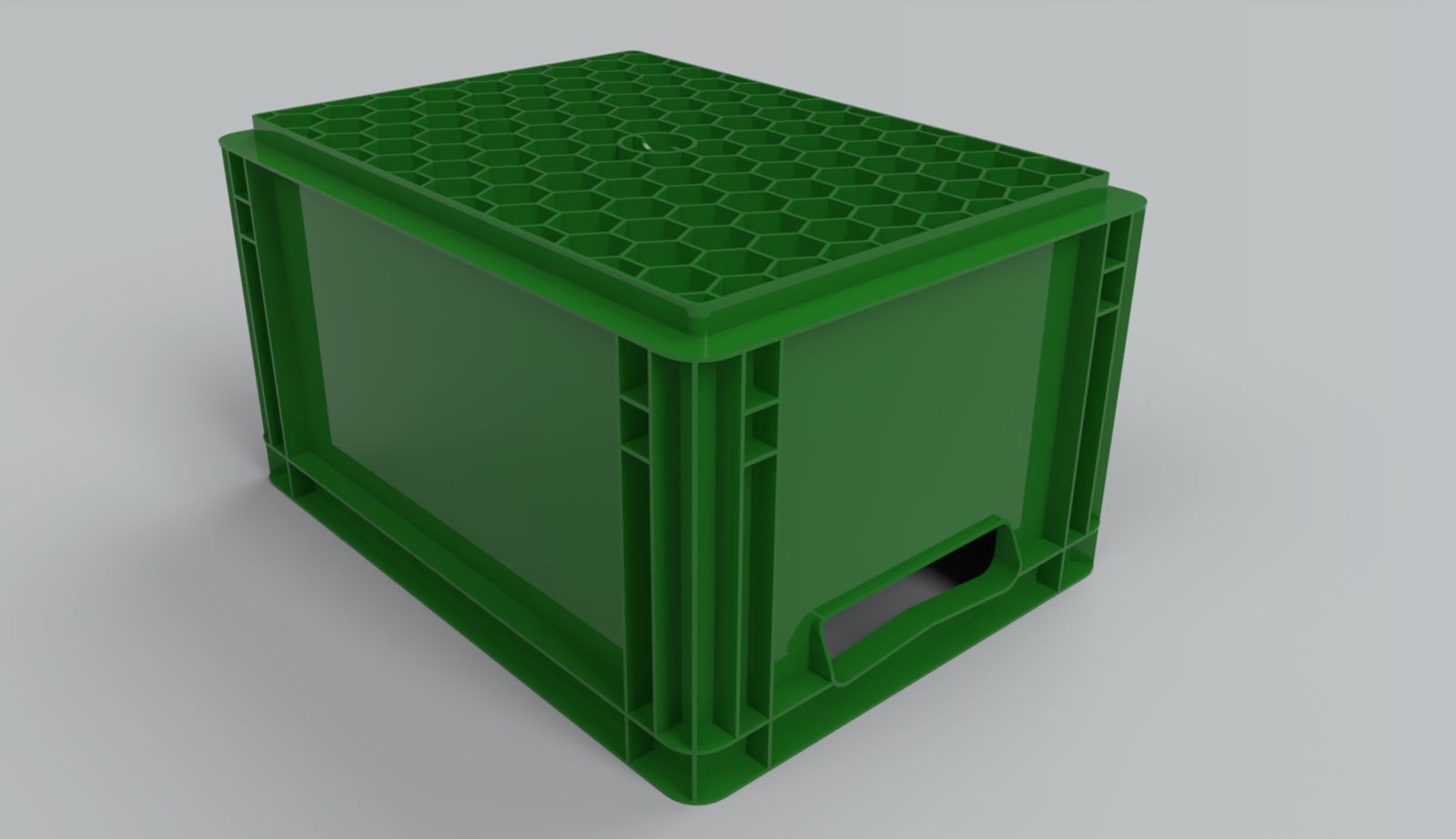 Onshape GUI with an overlay showing a 3D model of a crate with a honeycomb pattern.