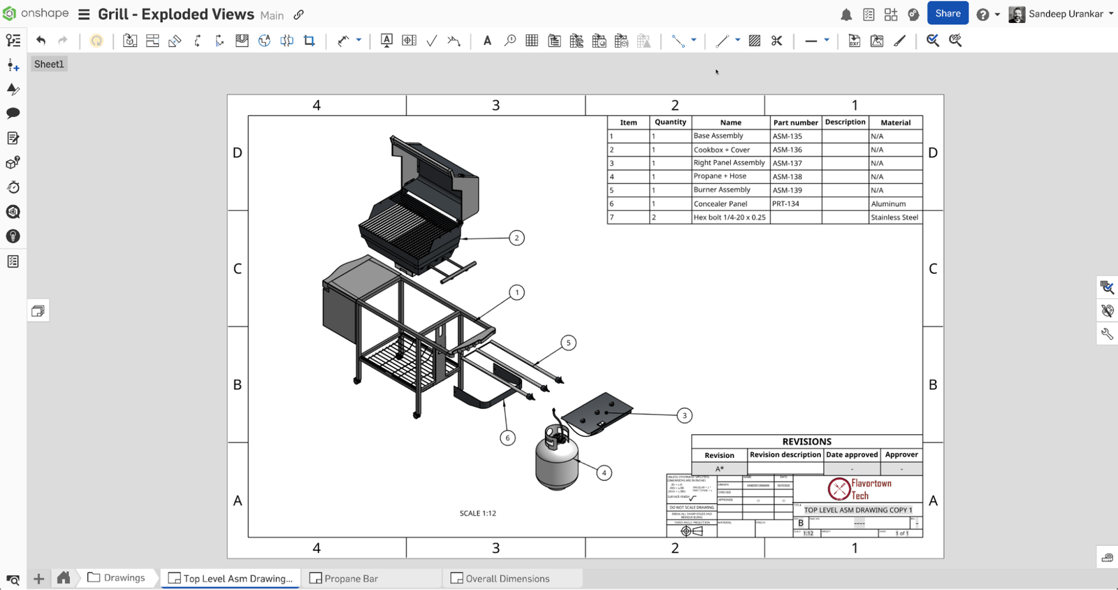 Onshape GUI showing exploded view drawing for a 3D modeled grill.
