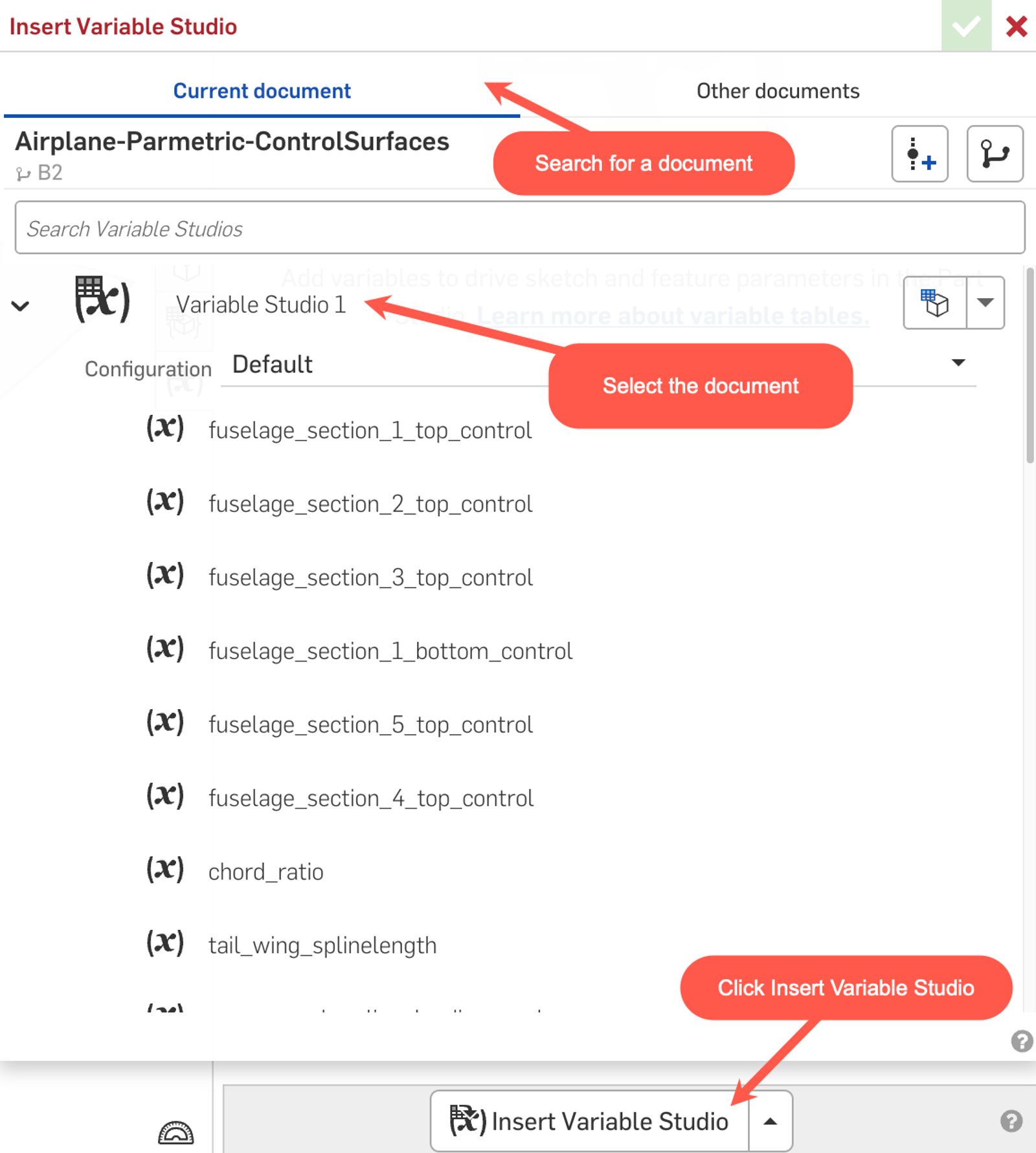 Onshape GUI showing the Insert Variable Studio dialog with document options.