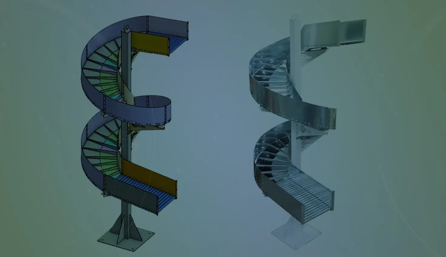 Image with an overlay showing a CAD model and a rendering of a chute designed by AE Inc.