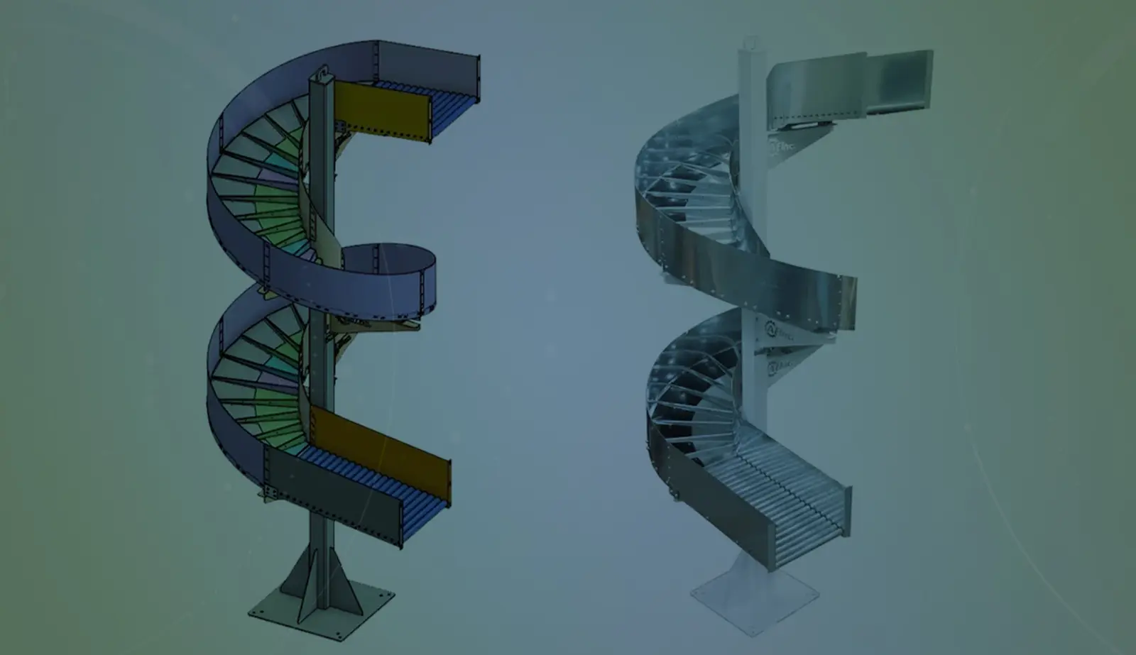 Image with an overlay showing a CAD model and a rendering of a chute designed by AE Inc.