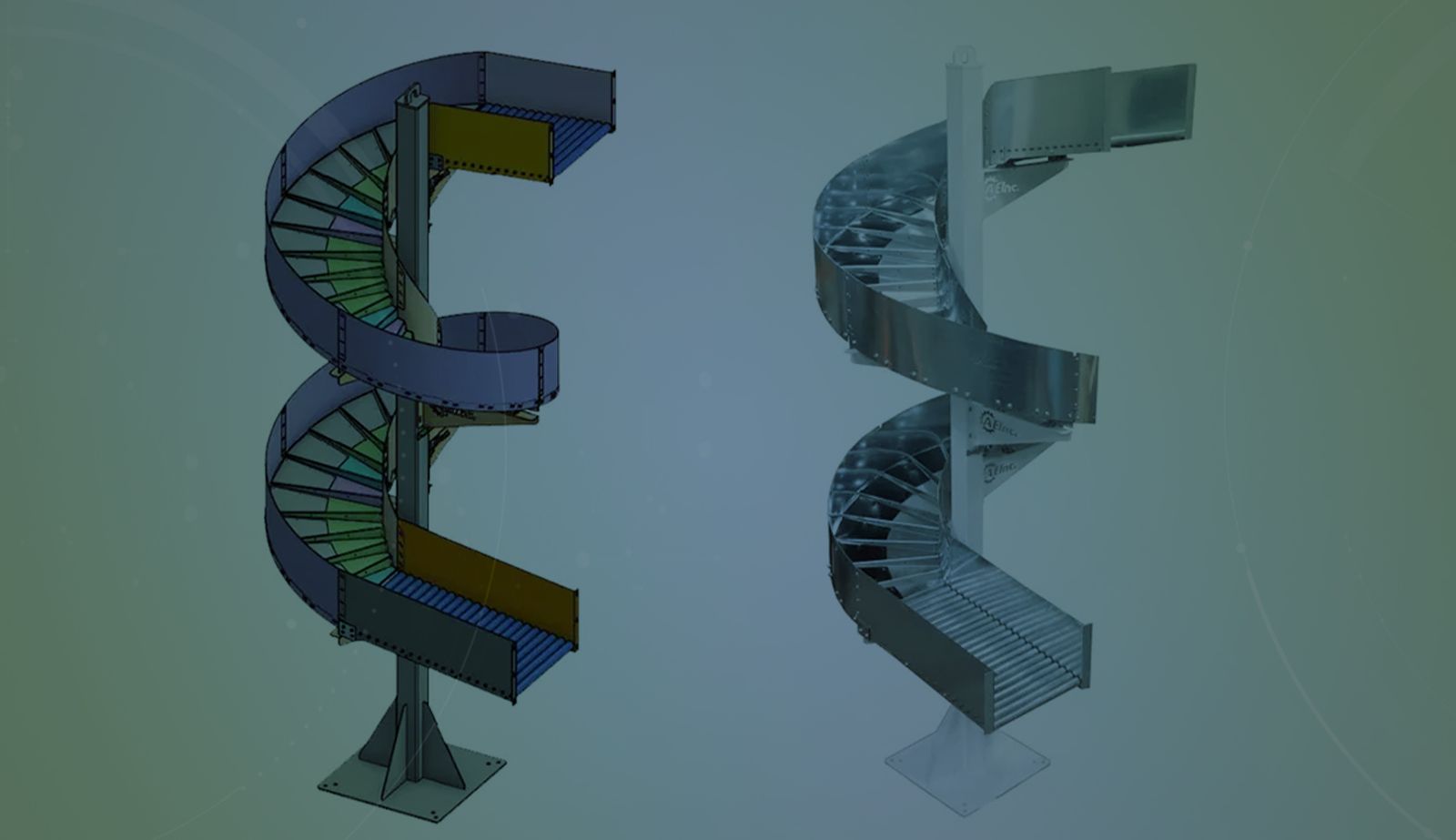 Image with an overlay showing a CAD model and a rendering of a chute designed by AE Inc.