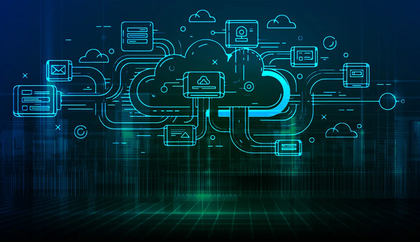 Stock image showing cloud illustration with a tech-y background.