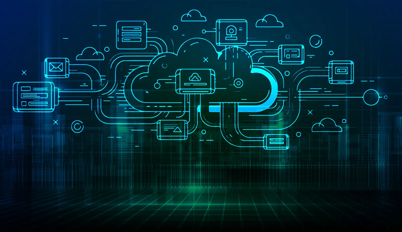 Stock image showing cloud illustration with a tech-y background.