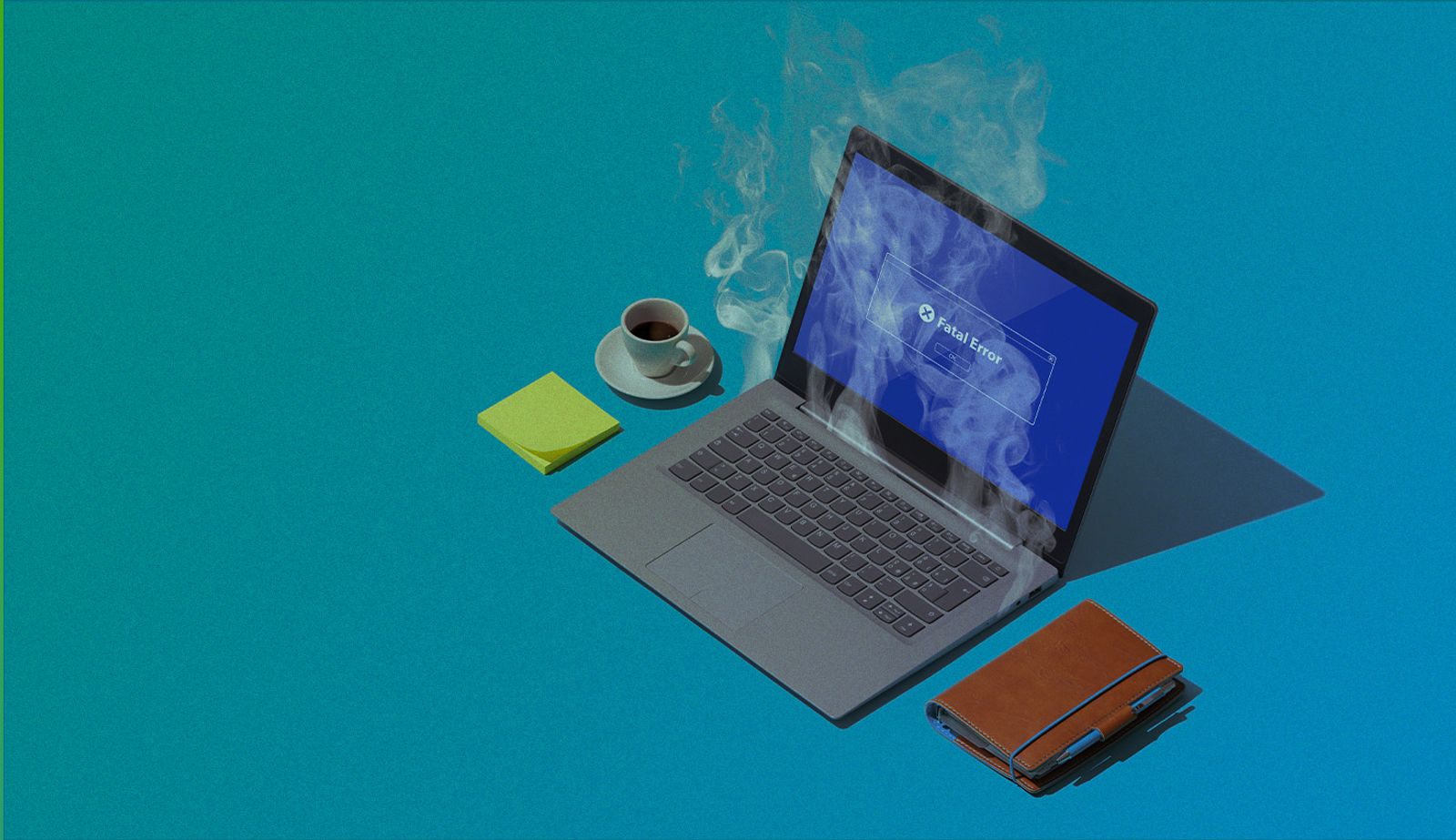 Stock image with an overlay showing a laptop smoking from a fatal error.
