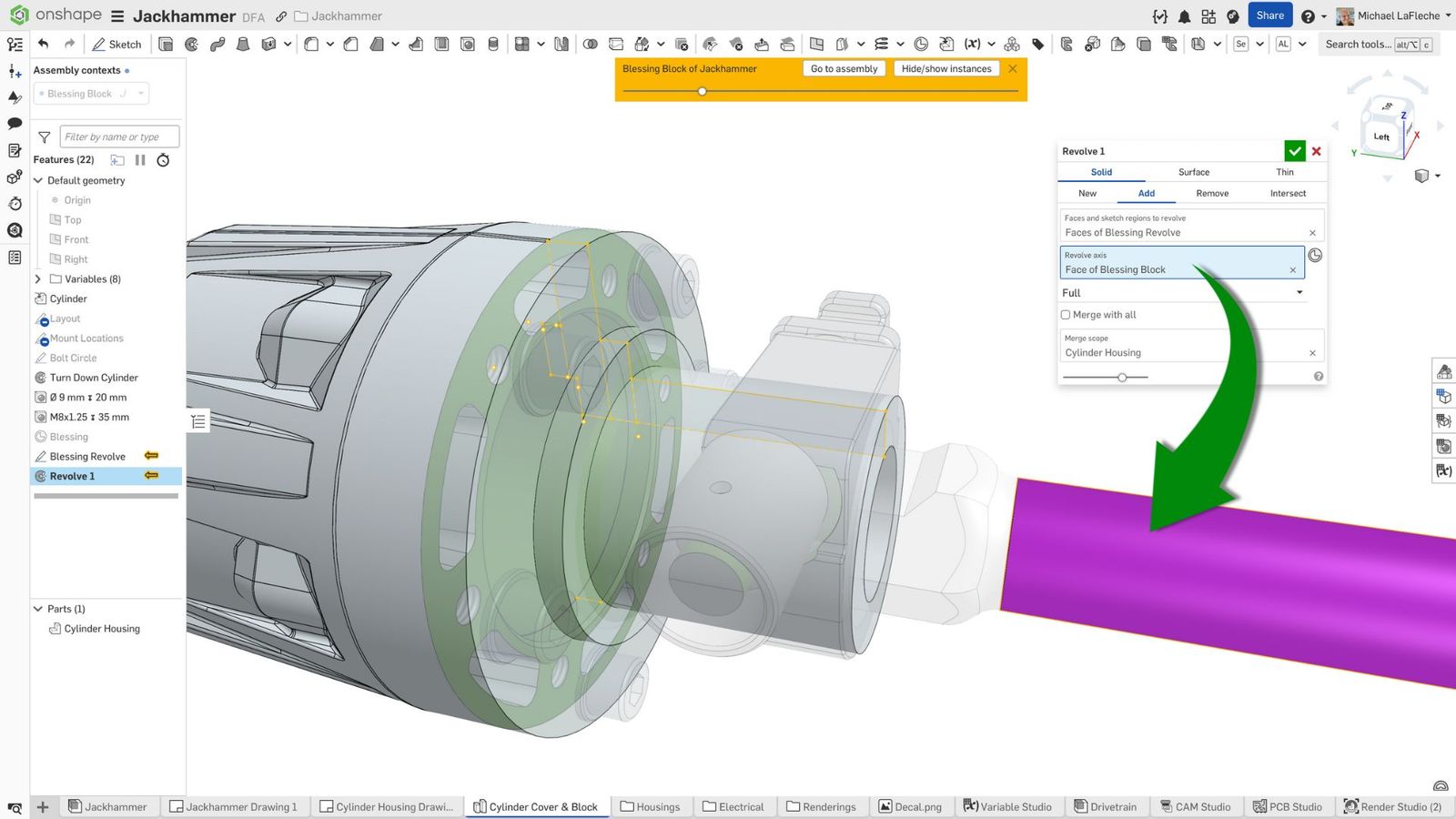 Onshape GUI showing CAD model of jackhammer and the Revolve feature.