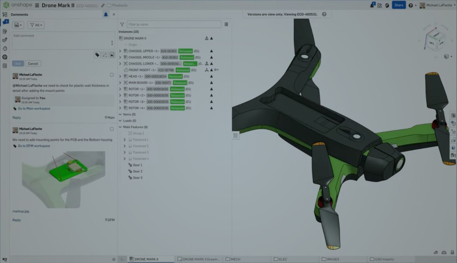 Onshape GUI with an overlay showing a 3D-modeled drone, with comments and instances.