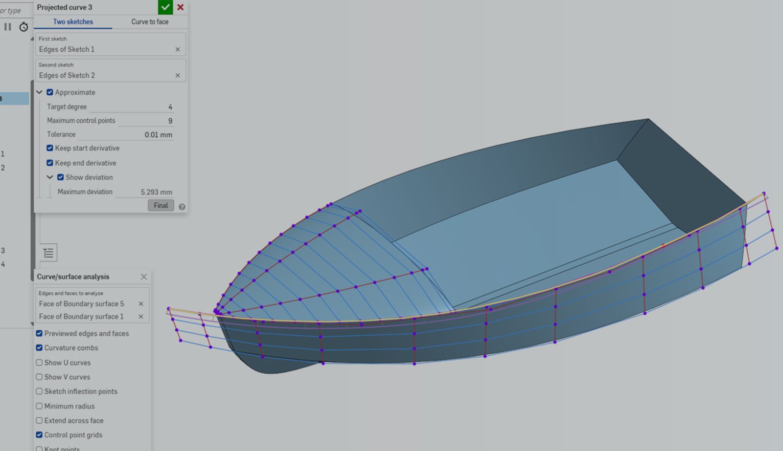 Onshape GUI with an overlay showing a sketch of a 3D-modeled boat hull import.