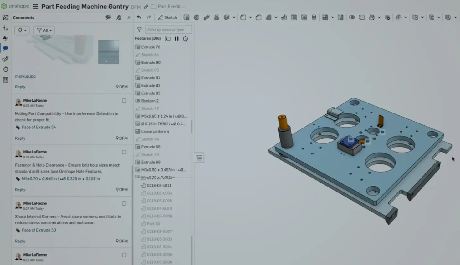 Onshape GUI showing a 3D-modeld part and comments open.