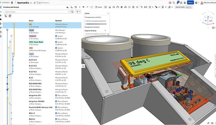 Onshape GUI showing the Versions and history panel for a 3D-modeled Isomantle.