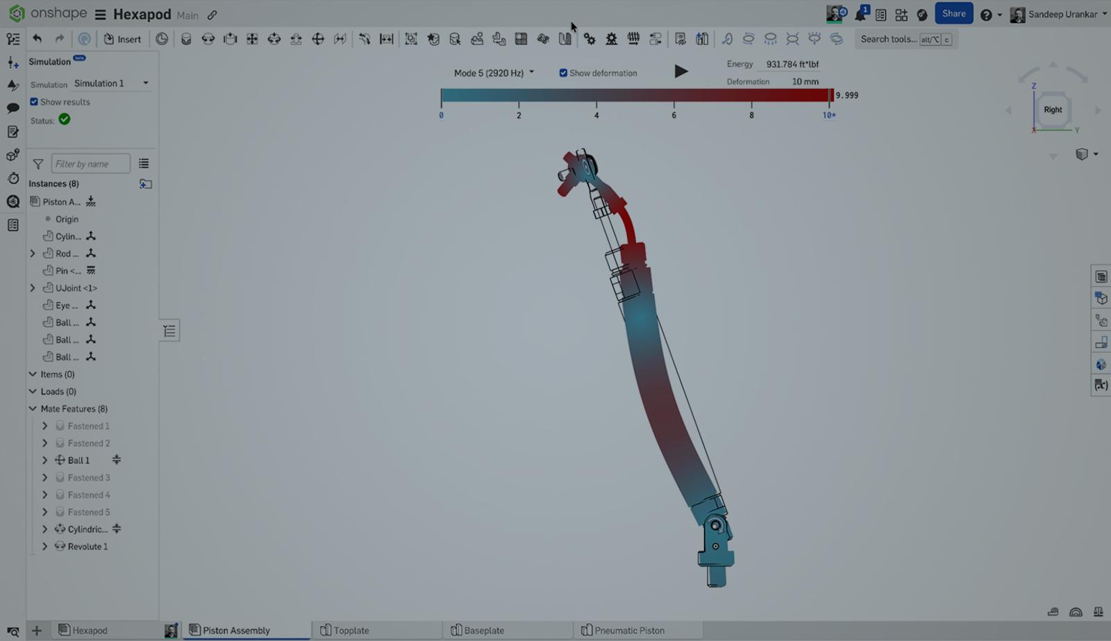 Onshape GUI with an overlay showing a 3D-modeled hexapod undergoing simulation analysis.