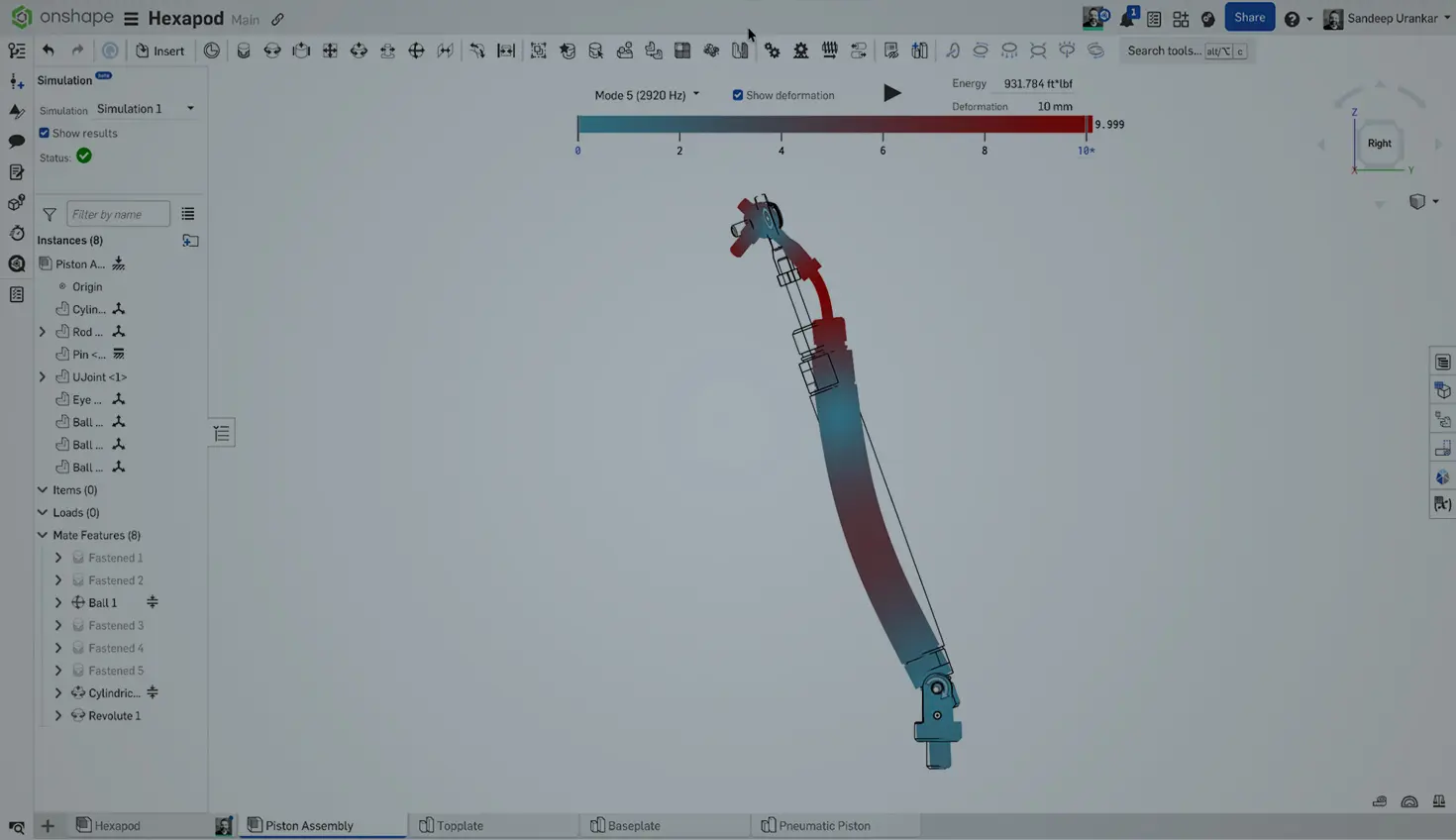 Onshape GUI with an overlay showing a 3D-modeled hexapod undergoing simulation analysis.