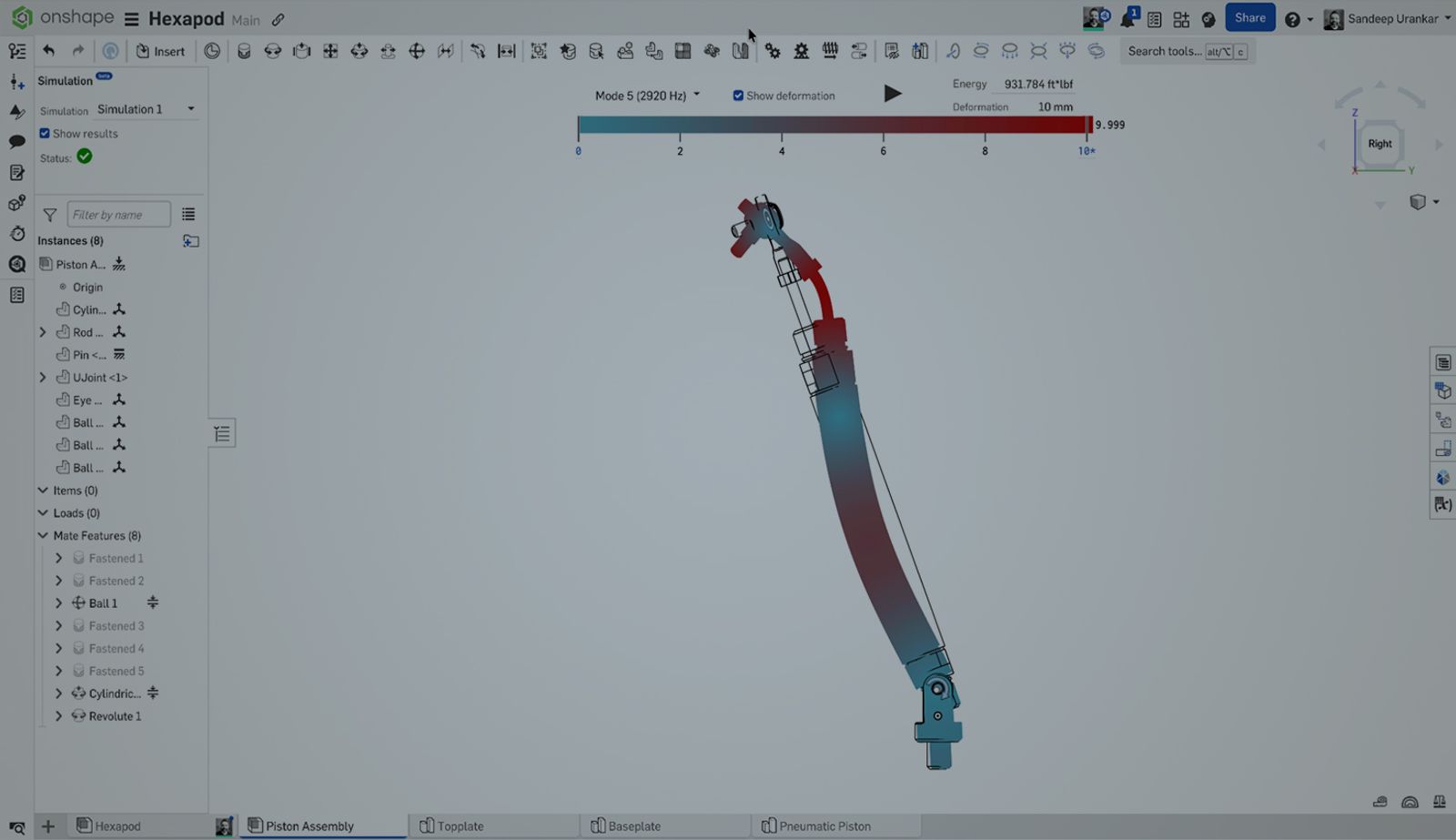 Onshape GUI with an overlay showing a 3D-modeled hexapod undergoing simulation analysis.