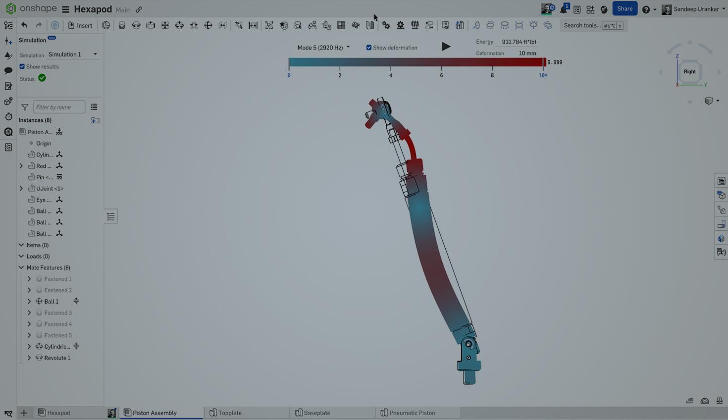 Onshape GUI with an overlay showing a 3D-modeled hexapod undergoing simulation analysis.