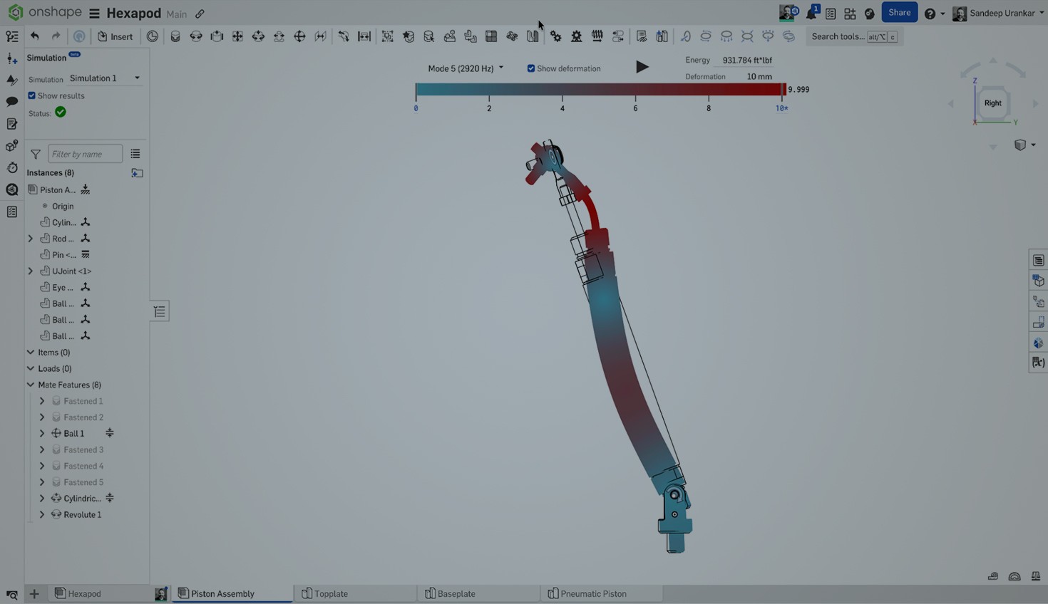 Onshape GUI with an overlay showing a 3D-modeled hexapod undergoing simulation analysis.