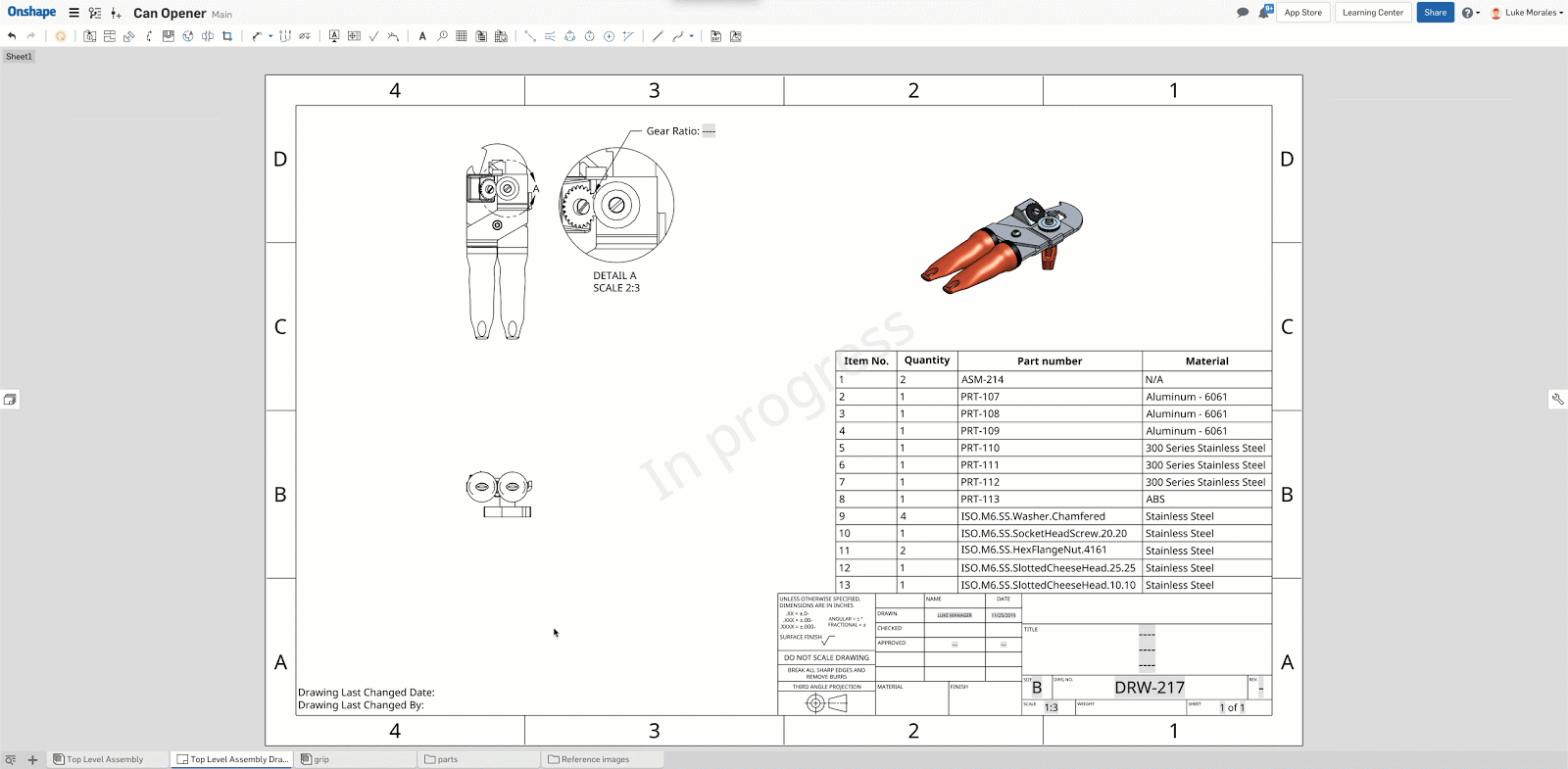 Onshape GUI showing a drawing of can opener.