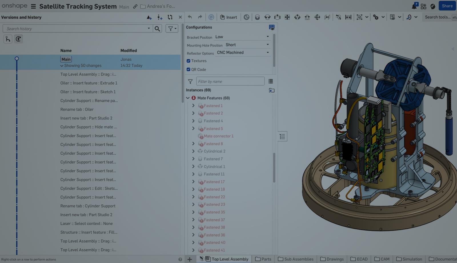 Onshape GUI with an overlay showing the Versions and history panel for a 3D-modeled satellite tracking system.