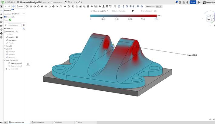 Onshape GUI showing von Mises stress test on a 3D-designed bracket.