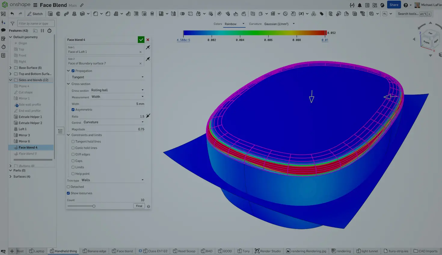 Onshape GUI with an overlay displaying the Face Blend feature options for a CAD model.