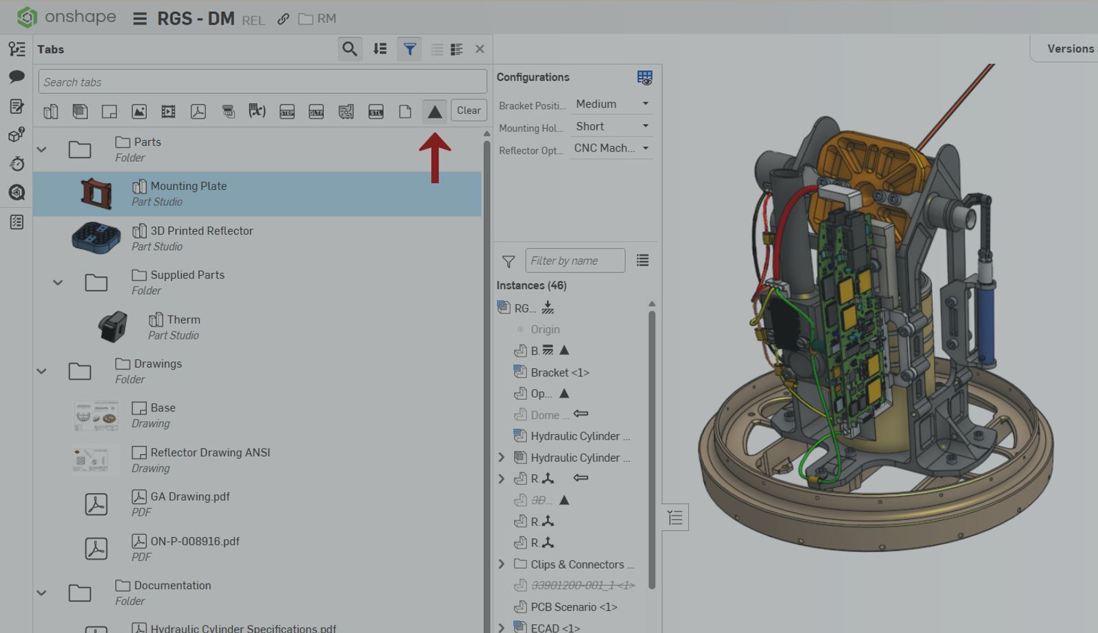 Onshape GUI with an overlay showing a CAD model's tabs and configurations, with a red arrow pointing to the filter button.