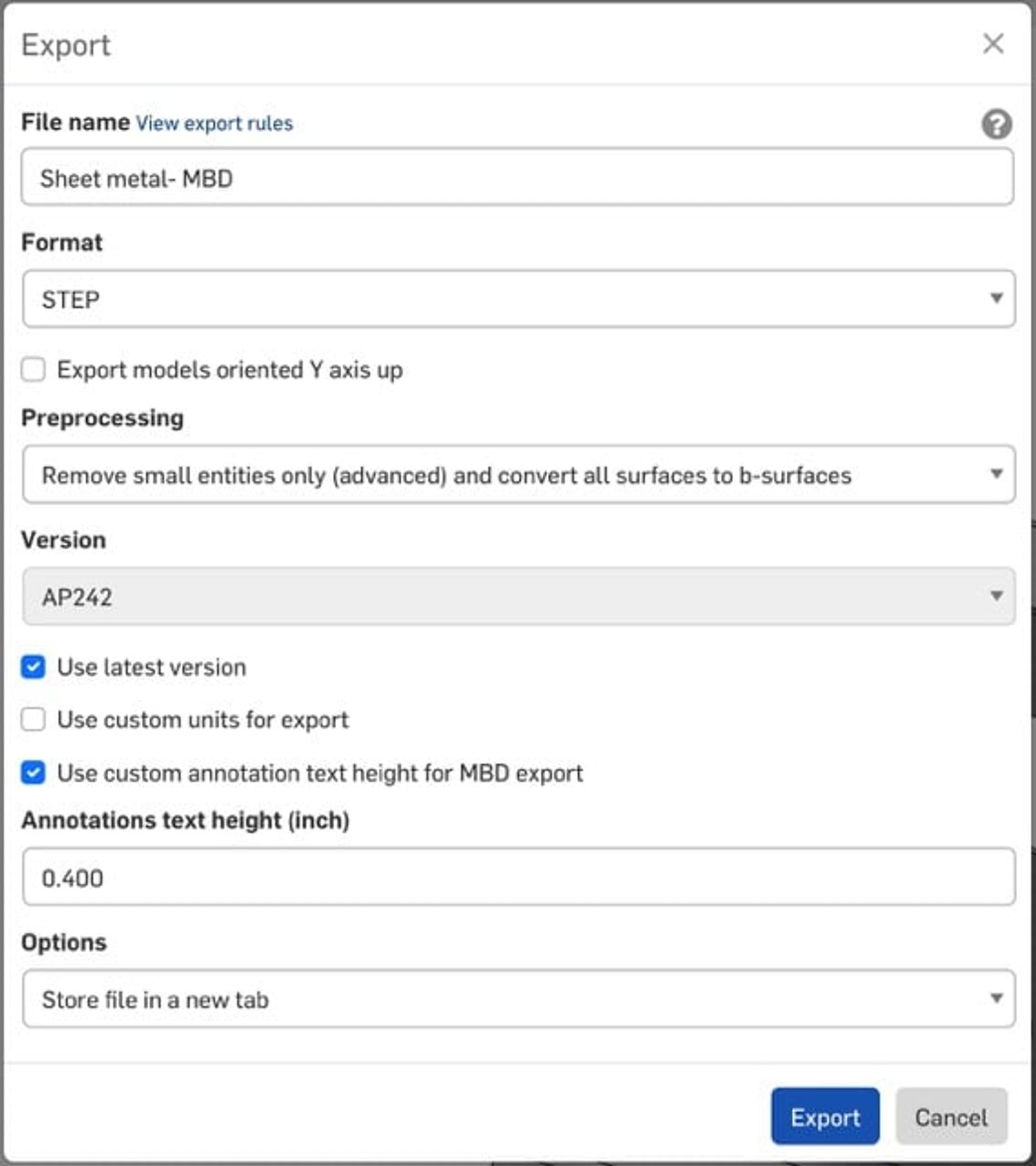 Onshape GUI showing the Export dialog.