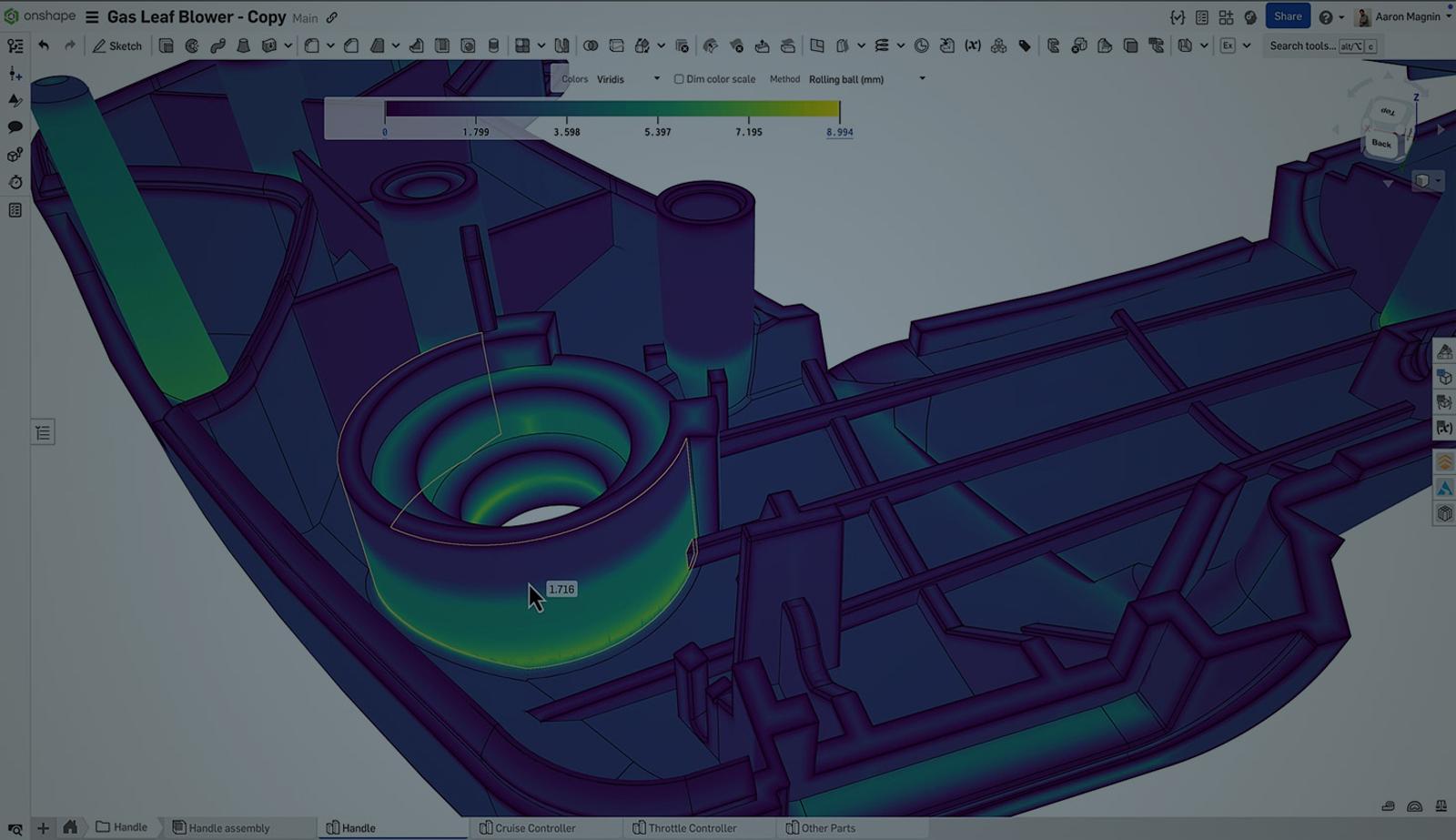 Onshape GUI with an overlay showing 3D model of a leaf blower handle showing thickness analysis with color gradients.