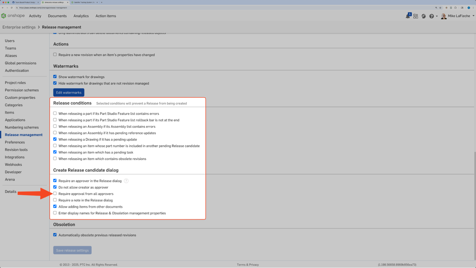 Onshape GUI showing details for Release conditions under Enterprise settings