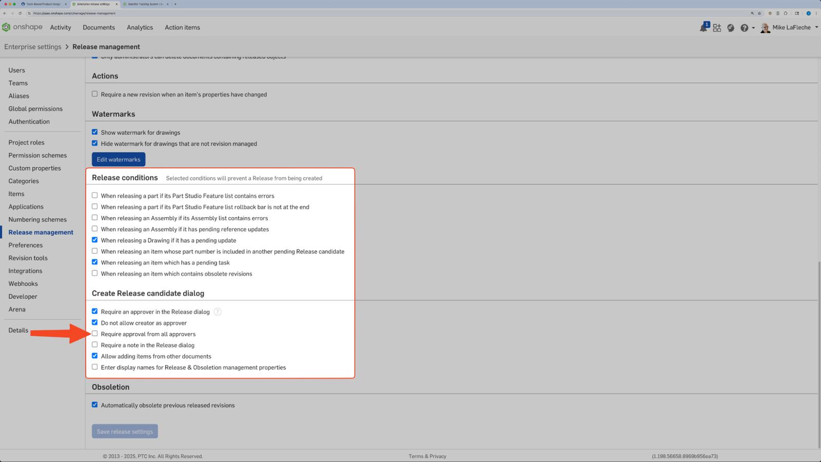 Onshape GUI showing details for Release conditions under Enterprise settings