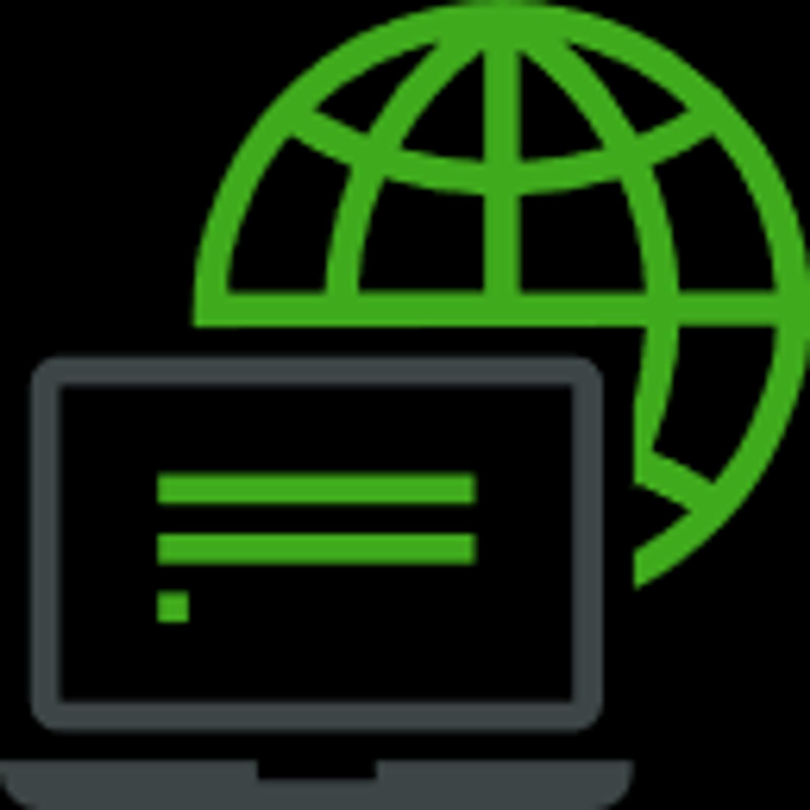 Icon showing a laptop and an orb illustrating global access. 