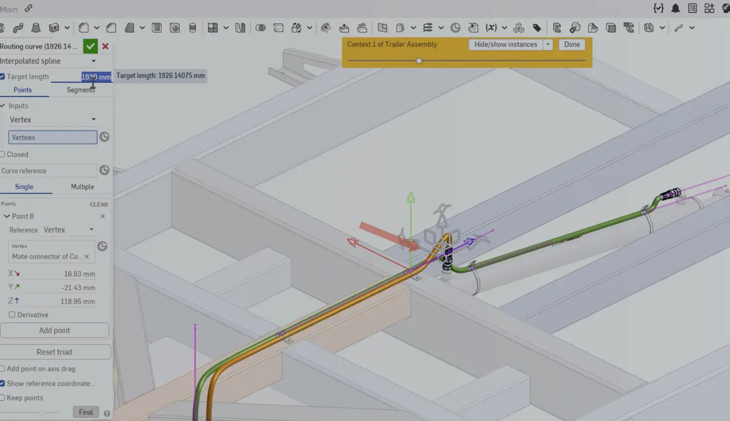 Onshape GUI with an overlay showing the routing curve tool.