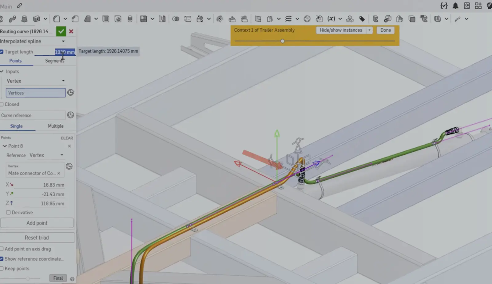 Onshape GUI with an overlay showing the routing curve tool.